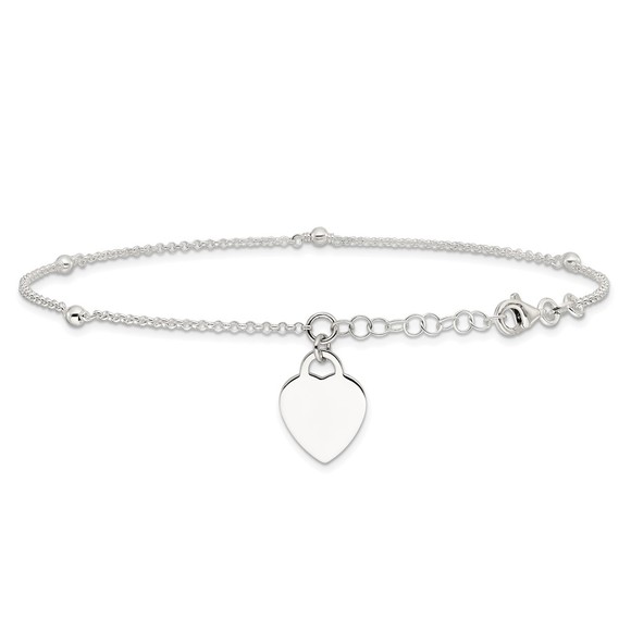 925 Sterling Silver Polished Bead and Heart Charm 9" + 1" Ext. Jewelry Anklet - Picture 4 of 8